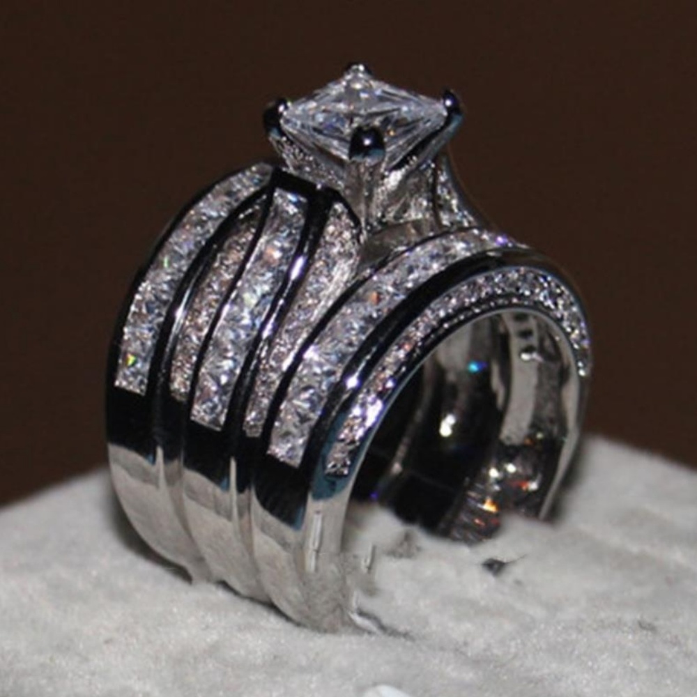 3PC 925 Sterling Silver Princess Cut Diamond Ring - Picture 4 of 4